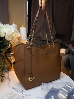 Michael Kors Tan Leather Tote with Gold Chain Handles